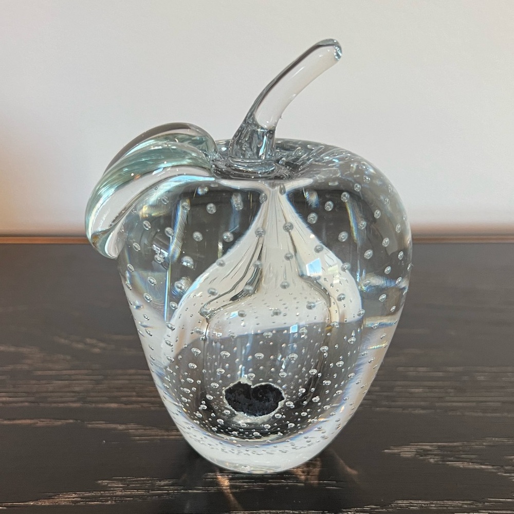 Art Glass Apple Paperweight Large Clear Controlled Bubbles